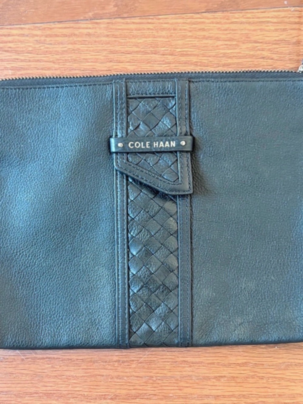 Cole Haan Black Leather Woven Accent Zip Pouch